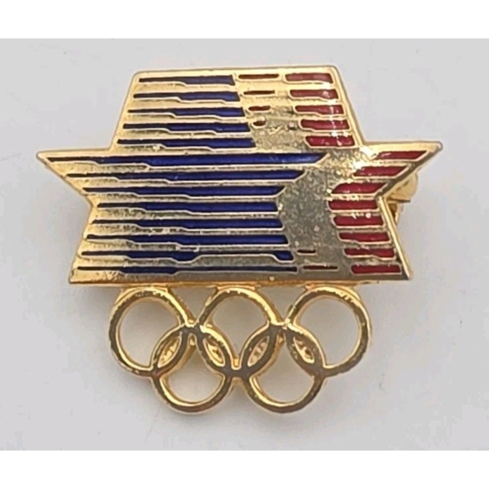 Vnt Lapel Pin USA Los Angeles Olympics 1984 Red White Blue Stars Rings Goldtone
